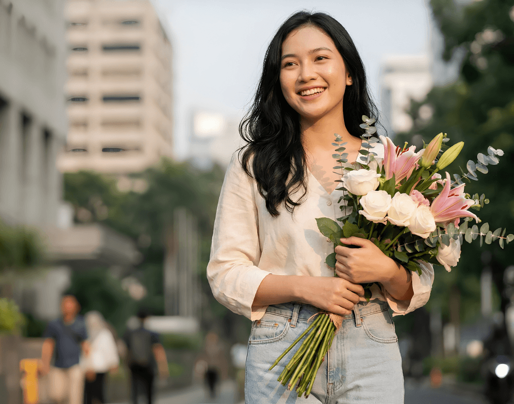 Wanita memegang buket bunga segar